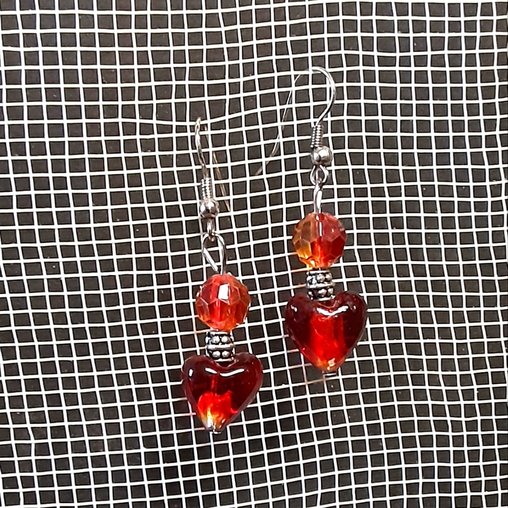 Hearts Boho Beaded Dangle Earrings Shades of Fiery Red & Orange Gypsy Bohemian